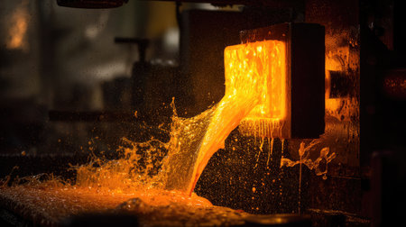 A captivating image of molten metal pouring from a furnace, showcasing vibrant orange and yellow hues as it splashes dramatically. This scene highlights the intricate process of metal casting in an industrial setting.の素材