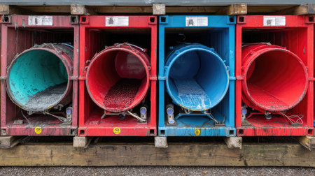 This image showcases a set of colorful waste containers designed for effective recycling and waste management in an urban setting. The bins are organized by color and labeled for easy identification, promoting sustainability and responsible disposal practices in public spaces.の素材