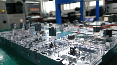 This image showcases advanced laboratory equipment featuring transparent microfluidic devices arranged on a workbench, ideal for research and innovation.の素材