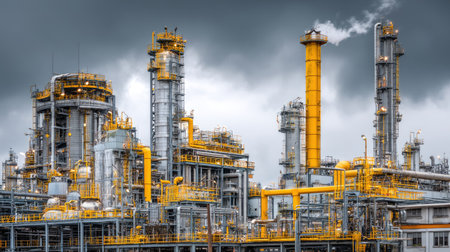 This image showcases an industrial complex featuring bright yellow structures and smokestacks. The dramatic sky adds contrast, emphasizing the machinery and engineering involved in production and energy processes.の素材