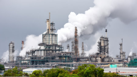 A large industrial refinery complex showcases towering structures combined with smoke emissions under a dramatic grey sky, reflecting energy production.の素材