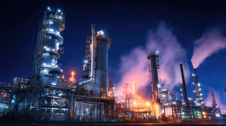 This nighttime photograph showcases a vibrant industrial plant illuminated by bright lights, with smoke emissions rising against a clear sky, highlighting modern technology.の素材