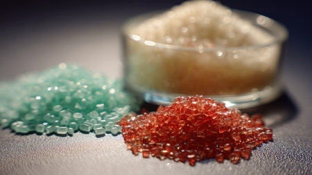 This image showcases an assortment of colorful sugar crystals in glass containers, featuring shades of green, red, and white. Perfect for culinary art, decoration, or vibrant food photography.の素材