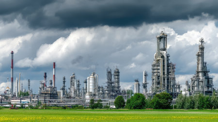 This vibrant image captures an expansive industrial complex featuring various machinery and structures set against a dramatic cloudy sky. The lush green field in the foreground enhances the contrast, showcasing the blend of nature and technology.の素材