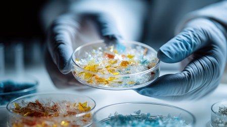A scientist, wearing gloves, holds a petri dish filled with vibrant crystals in a laboratory setting, showcasing meticulous research and exploration.の素材