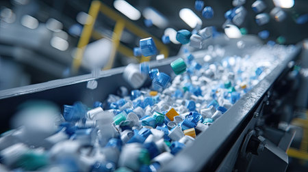 Breathtaking view of plastic waste cascading down a conveyor belt in a recycling facility, showcasing efforts in environmental sustainability and waste management.の素材