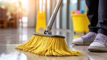 A person is seen mopping a shiny floor with a yellow mop in a commercial setting. The scene captures the essence of cleaning and maintenance.の素材