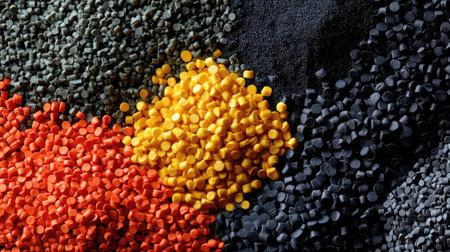 This image features a colorful assortment of plastic granules in various shades, ideal for creative projects, industrial use, or material processing exploration.の素材