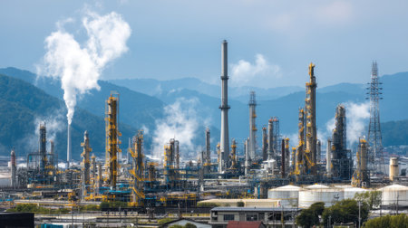 A stunning view of an industrial complex featuring smokestacks and refineries against a backdrop of mountains and blue sky, illustrating the power of industry.の素材