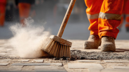 A construction worker in bright orange safety gear sweeps dust from a street, showcasing labor efforts and the importance of maintaining clean urban environments.の素材