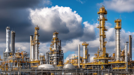 A striking view of an industrial complex featuring towering oil refinery structures and pipelines against a dramatic cloudy sky, symbolizing energy production.の素材