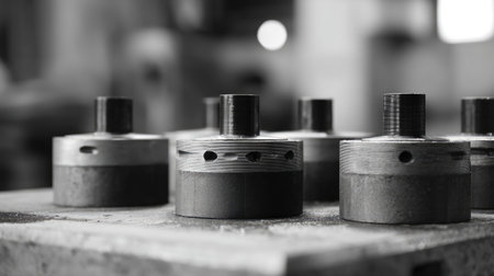 A striking black and white image showcasing industrial metal components with precision machining. This detailed photograph captures the craftsmanship and technology involved in manufacturing. Ideal for artistic and technical applications.の素材