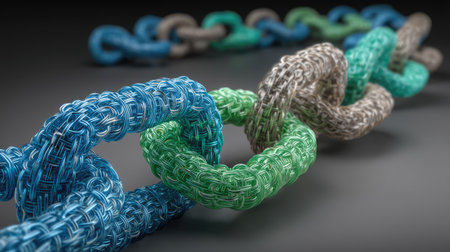 Vivid and colorful metal chains interwoven in an abstract design, ideal for modern backgrounds, technology themes, and creative projects.の素材