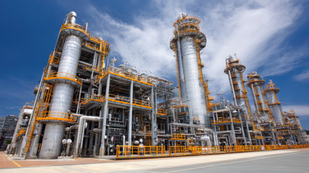 A vast industrial facility featuring tall processing towers and intricate pipelines under a clear blue sky. This image highlights modern technology in manufacturing.の素材