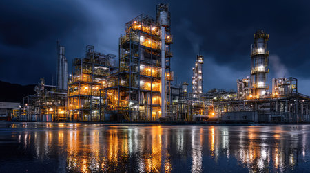 A stunning view of an industrial complex at night featuring illuminated structures with reflections on the water surface, set against dramatic dark skies.の素材