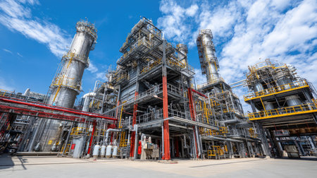 A vibrant industrial complex featuring towering structures and intricate piping systems. Bright blue sky and clouds create a dynamic backdrop for this state-of-the-art facility, showcasing modern manufacturing and engineering excellence.の素材