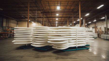 A spacious warehouse filled with neatly stacked white surfboard blanks awaiting transformation into bespoke surfboards. Ideal for showcasing craftsmanship.の素材