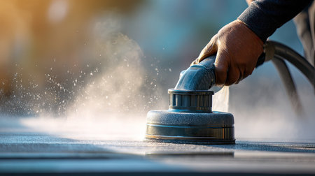 A close-up view of a hand using a steam cleaner, showcasing the efficient process of cleaning surfaces. Water vapors rise in bright sunlight.の素材