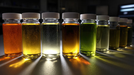 A captivating arrangement of glass bottles filled with liquids of various colors, showcasing purity and clarity for artistic and scientific exploration.の素材