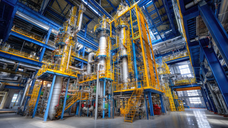 This image showcases an expansive industrial processing plant filled with complex machinery and vibrant yellow frameworks, emphasizing modern engineering and manufacturing.の素材