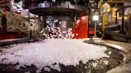 A vibrant shot of an industrial plastic production facility showcasing the process of granule production, with clear focus on machinery and material flow.の素材
