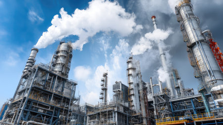 This image showcases a modern oil refinery with towering structures and steam emissions under a cloudy sky, illustrating industrial operations and energy production.の素材