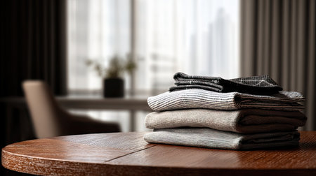 A carefully arranged stack of neatly folded textiles on a wooden table captures a moment of minimalist beauty in a modern interior, radiating warmth and elegance.の素材