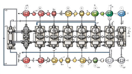 This detailed schematic diagram illustrates a complex mechanical system with various components, control elements, and operational flows used in industrial processes.の素材