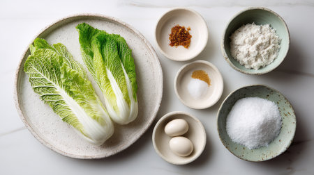 Fresh green lettuce leaves elegantly arranged with various cooking ingredients on a marble surface, perfect for a healthy meal preparation and culinary exploration.の素材
