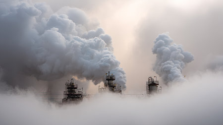 A dramatic scene showcasing thick smoke rising from industrial chimneys, surrounded by fog, creating a stark contrast against a cloudy sky at dusk.の素材