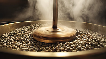 Captivating close-up of steam rising from a beautifully crafted circular surface, revealing smooth pebbles below, creating a warm and inviting atmosphere.の素材