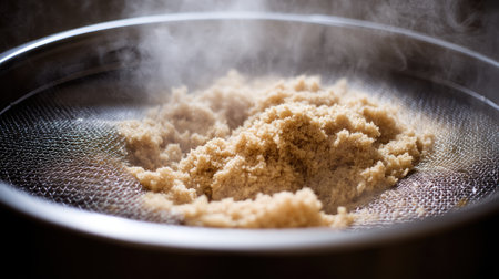 This image features cooked couscous in a fine mesh strainer, with warm steam rising and highlighting its fluffy texture in a cozy kitchen atmosphere.の素材