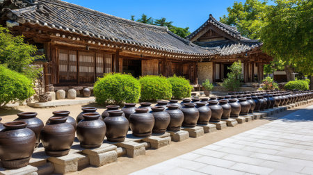 A picturesque view of a traditional Korean hanok, featuring rows of black clay jars lined along a serene path shaded by lush greenery and bright blue sky.の素材