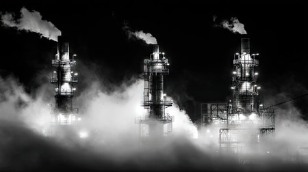 A striking black and white image showcasing an industrial scene at night. The illuminated refinery towers emit smoke against a foggy backdrop, creating a dramatic atmosphere.の素材