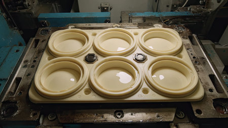 This image showcases a detailed view of an injection mold used for creating plastic components, highlighting precision engineering and industrial processes.の素材