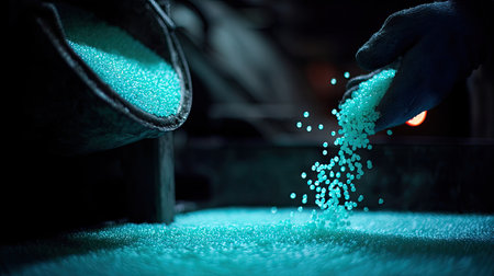 A worker pours vibrant blue granules from a metal container onto a surface, showcasing an industrial scene filled with dynamic textures and colors.の素材