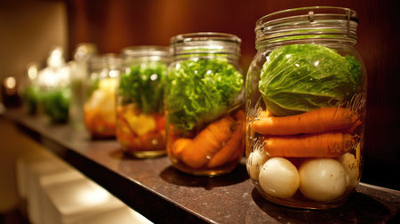 A visually appealing arrangement of colorful jars filled with fresh vegetables, leafy greens, and eggs on a kitchen shelf, perfect for healthy meal prep.の素材