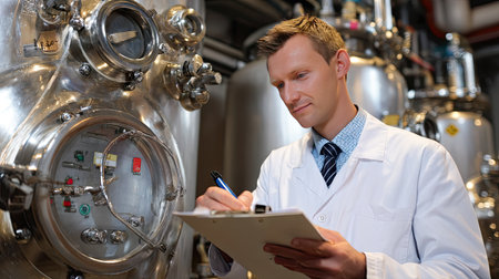 A focused male scientist in a white coat takes notes on a clipboard while inspecting advanced laboratory equipment and processing tanks.の素材