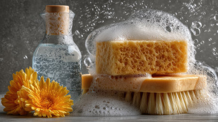 A serene scene featuring sponges, bubbles, and a glass bottle, evoking a clean and refreshing vibe suitable for wellness themes and cleaning products.の素材