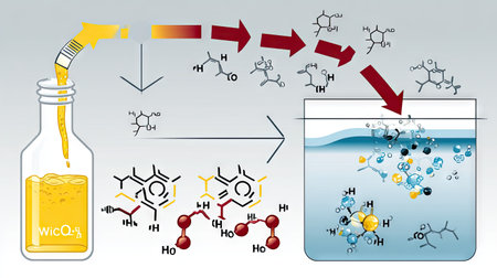 This illustration showcases the chemical process of forming an oil-water emulsion, highlighting each step of the reaction. Ideal for educational purposes.の素材