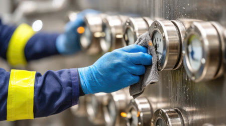 A worker in a manufacturing facility is cleaning gauges on industrial equipment. The use of blue gloves and a cloth ensures hygiene and safety while maintaining equipment.の素材