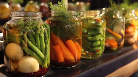 A collection of beautifully arranged pickled vegetables in glass jars, showcasing vibrant colors and fresh ingredients, perfect for culinary inspiration.の素材