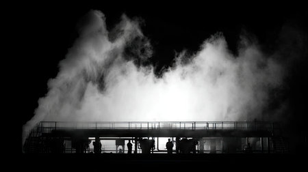 A compelling black and white image capturing the silhouettes of industrial workers surrounded by thick smoke and fog, showcasing labor and teamwork.の素材