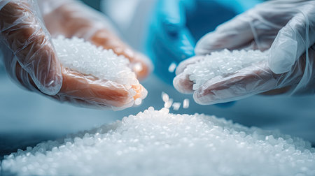 Two hands, gloved for safety, hold small white granules in a laboratory setting, surrounded by a pile of similar granules, illustrating scientific analysis.の素材