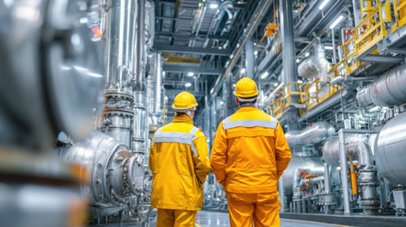 Two workers in bright safety gear stand in a modern industrial facility, inspecting the complex machinery and pipeline systems, ensuring safe operations.の素材