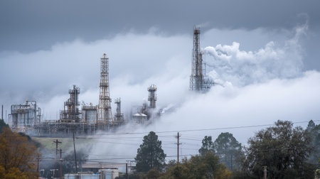 A striking industrial scene featuring a complex with smokestacks emitting vapor, partially obscured by fog in a dusky landscape, highlighting modern manufacturing.の素材