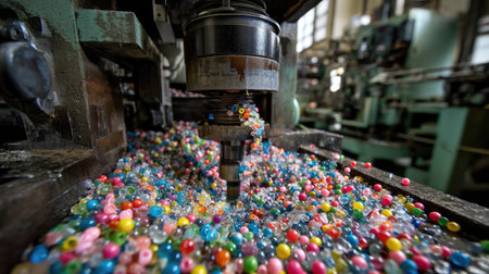 This image captures a vibrant scene in an industrial workshop, showcasing colorful plastic beads overflowing from a vintage machine, highlighting creativity and manufacturing processes.の素材