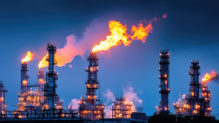 This striking image captures a nighttime industrial refinery with tall towers, vibrant flames, and a dramatic sky, highlighting energy production and technology.の素材