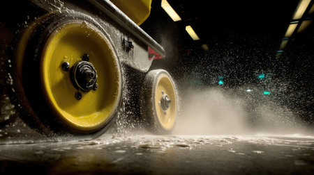 A close-up view of industrial cleaning equipment featuring prominent yellow wheels in motion, revealing splashes of water and dust in a dimly lit environment.の素材