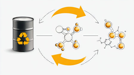 This image showcases the chemical recycling process, depicting the transformation of materials and their impact on sustainability. The illustration emphasizes innovation and eco-friendly practices for a better future.の素材